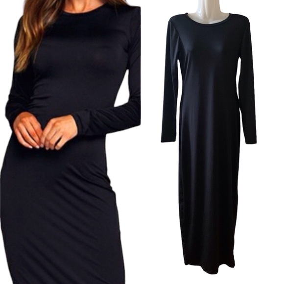 LONG SLEEVE CREW NECK BACK SLIT MAXI DRESS WOMEN COLOR BLACK SIZE M - Picture 1 of 7